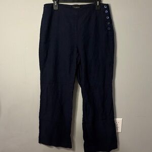 Talbots Sailor 100% Linen Flowy Lightweight Midnight Blue Side-Button Trousers